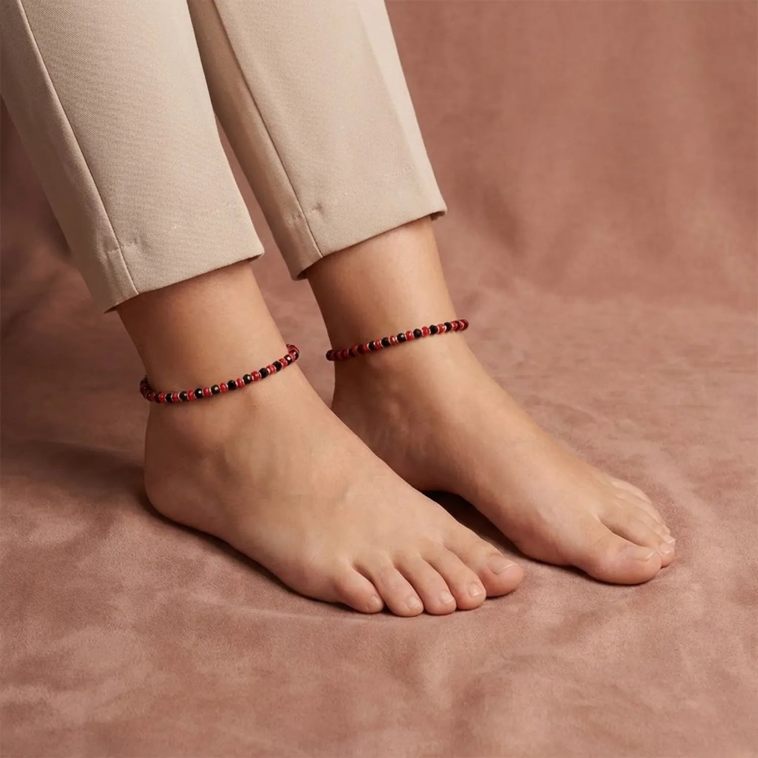 Hulasi Women 925 Sterling Silver Red Black Crystal Beaded Anklet 27cm