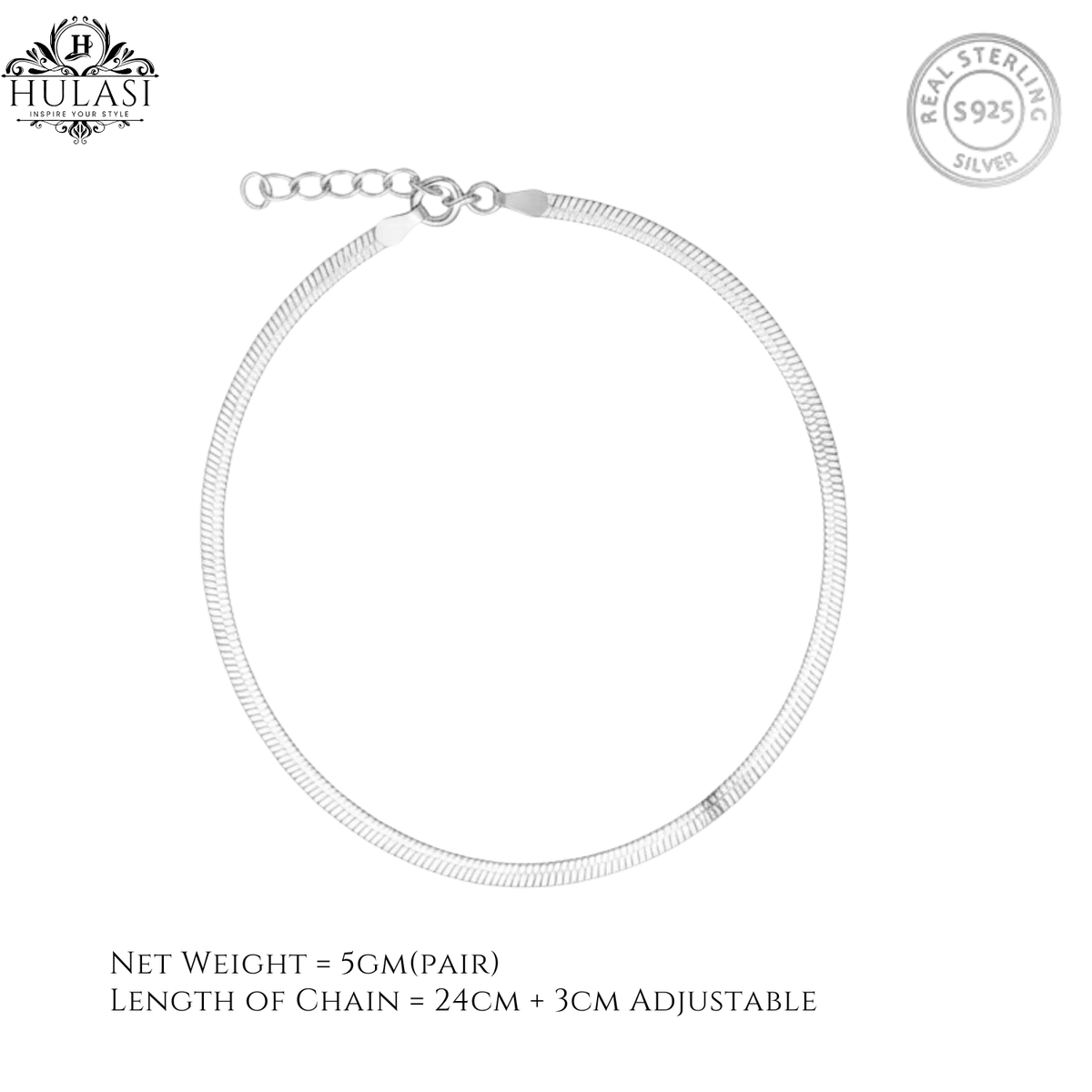 Hulasi Women 925 Sterling Silver Flat Snake Chain Anklet Payal 24cm Plus 3cm Extension For Daily Wear Jewelry Gift