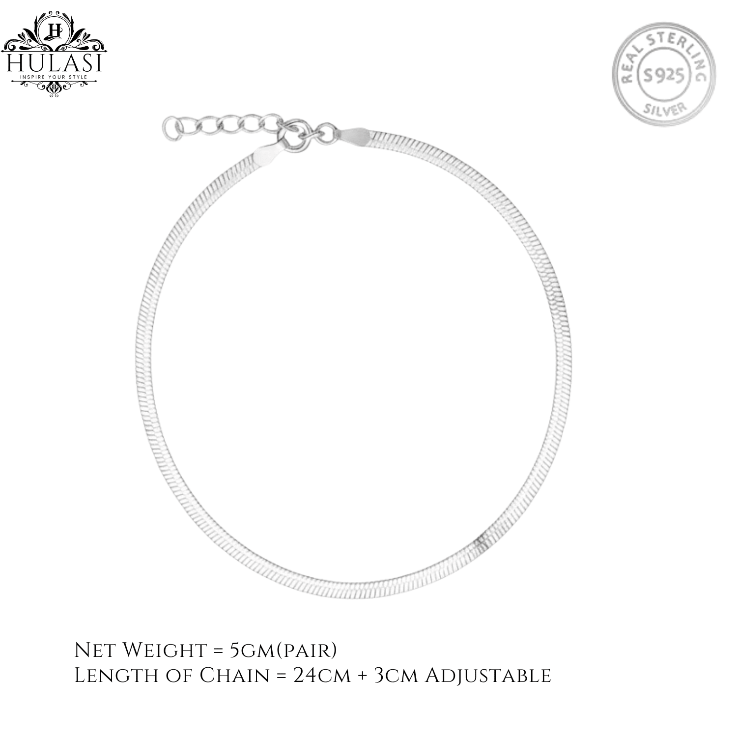 Hulasi Women 925 Sterling Silver Flat Snake Chain Anklet Payal 24cm Plus 3cm Extension For Daily Wear Jewelry Gift