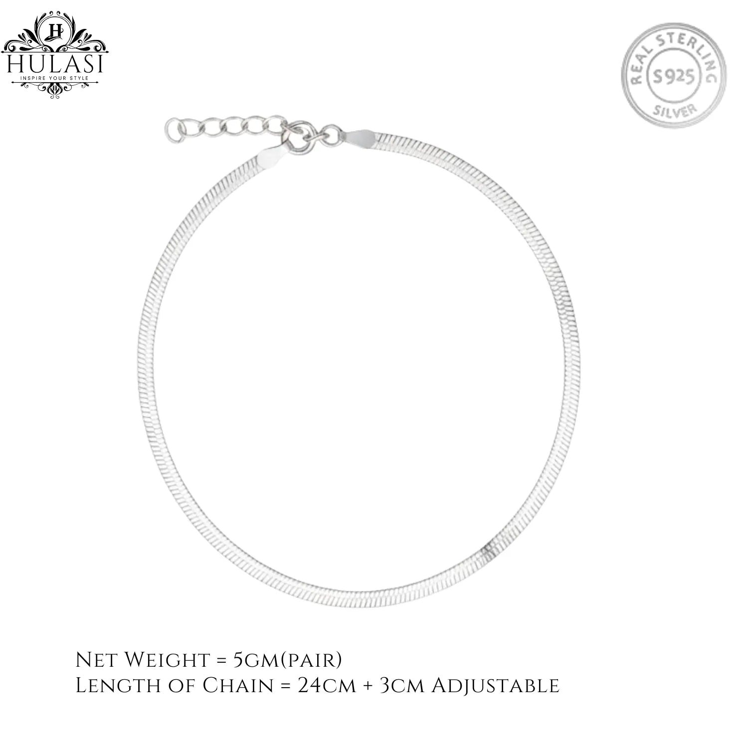 Hulasi Women 925 Sterling Silver Flat Snake Chain Anklet Adjustable