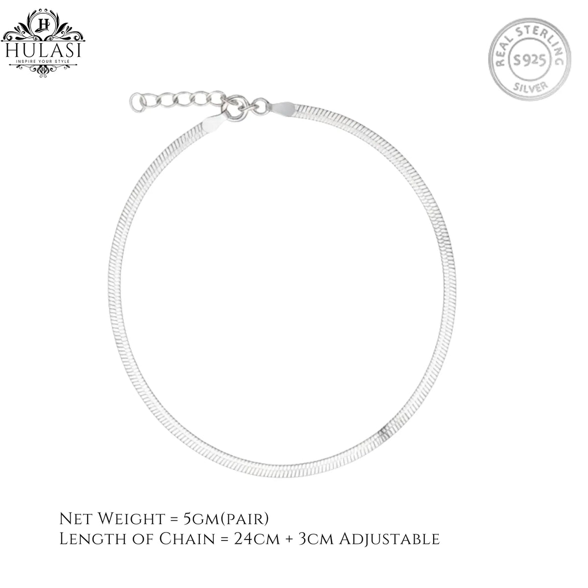 Hulasi Women 925 Sterling Silver Flat Snake Chain Anklet Adjustable