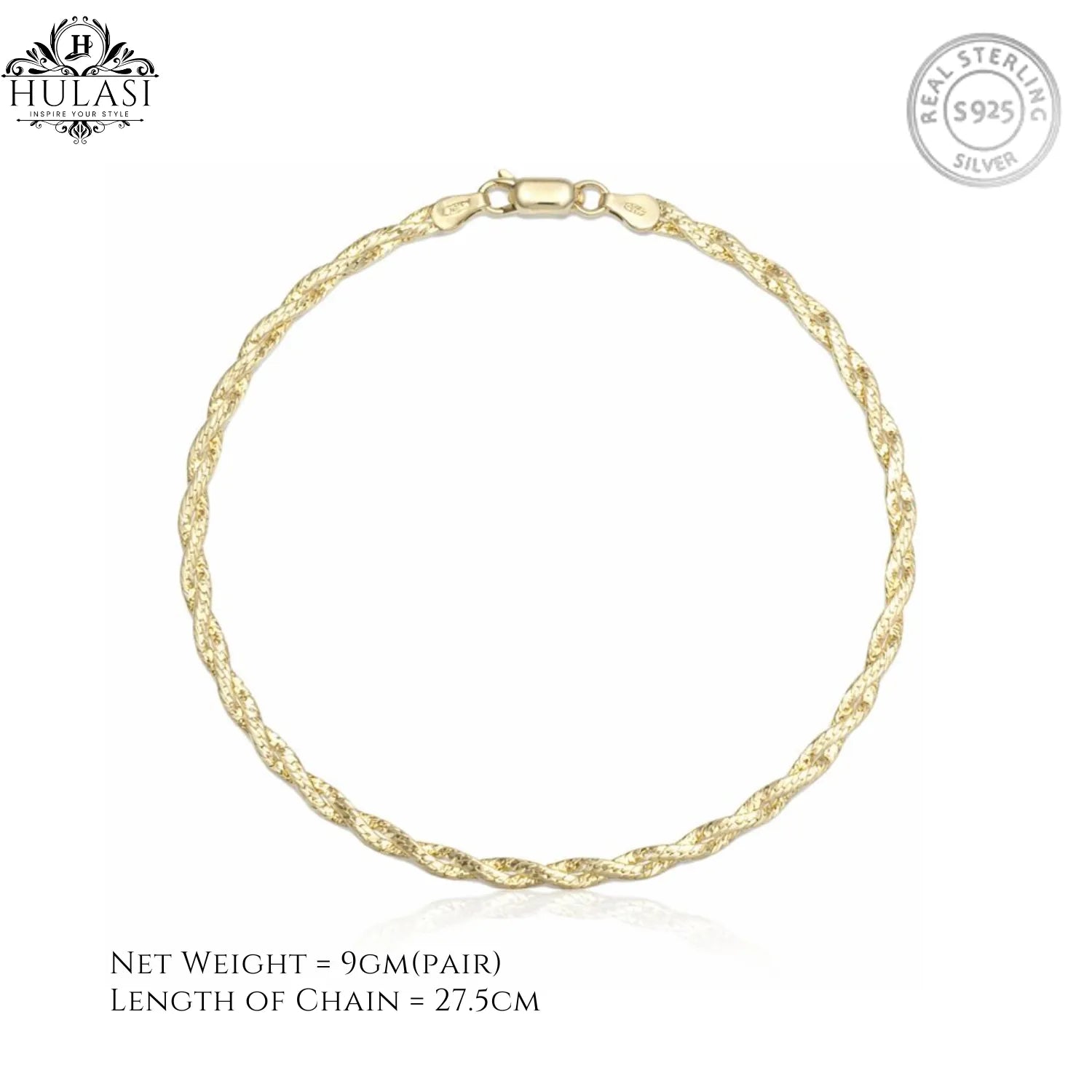 Hulasi Women 925 Sterling Silver Gold Plated Twisted Anklet 27.5cm