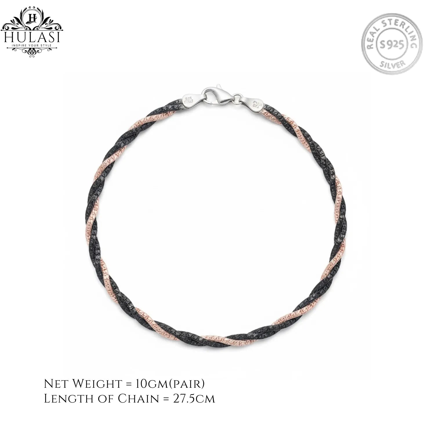 Hulasi Women 925 Sterling Silver Two Tone Braided Rope Anklet 27.5cm