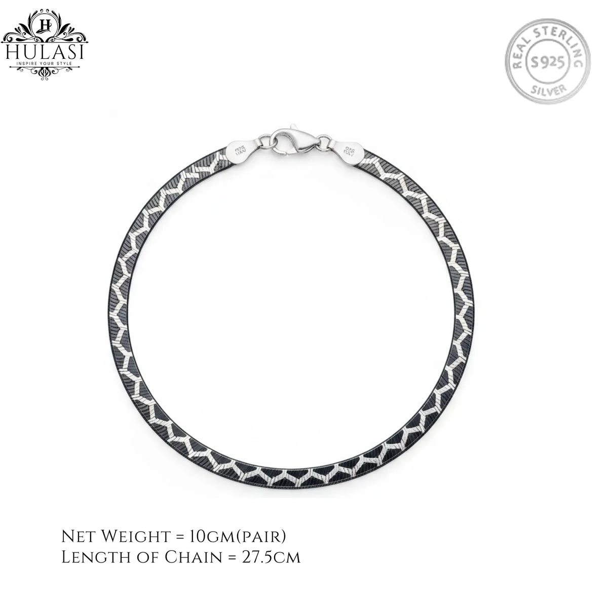 Hulasi Women 925 Sterling Silver Oxidized Geometric Pattern Anklet Pair 27.5cm