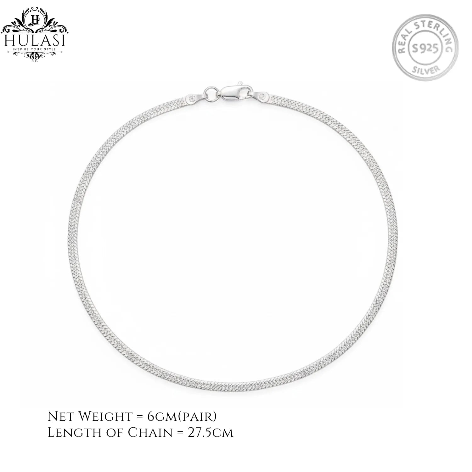 Hulasi Women 925 Sterling Silver Flat Herringbone Chain Anklet Pair 27.5cm