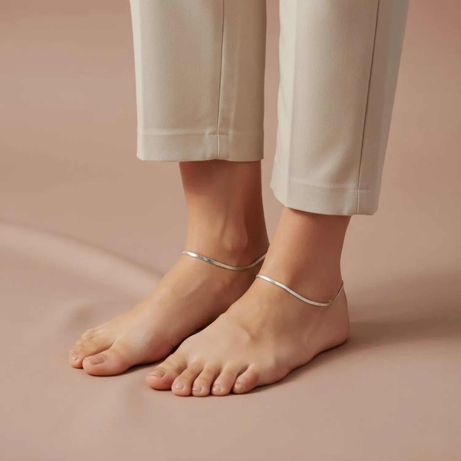 Hulasi Women 925 Sterling Silver Flat Herringbone Chain Anklet Pair 27.5cm