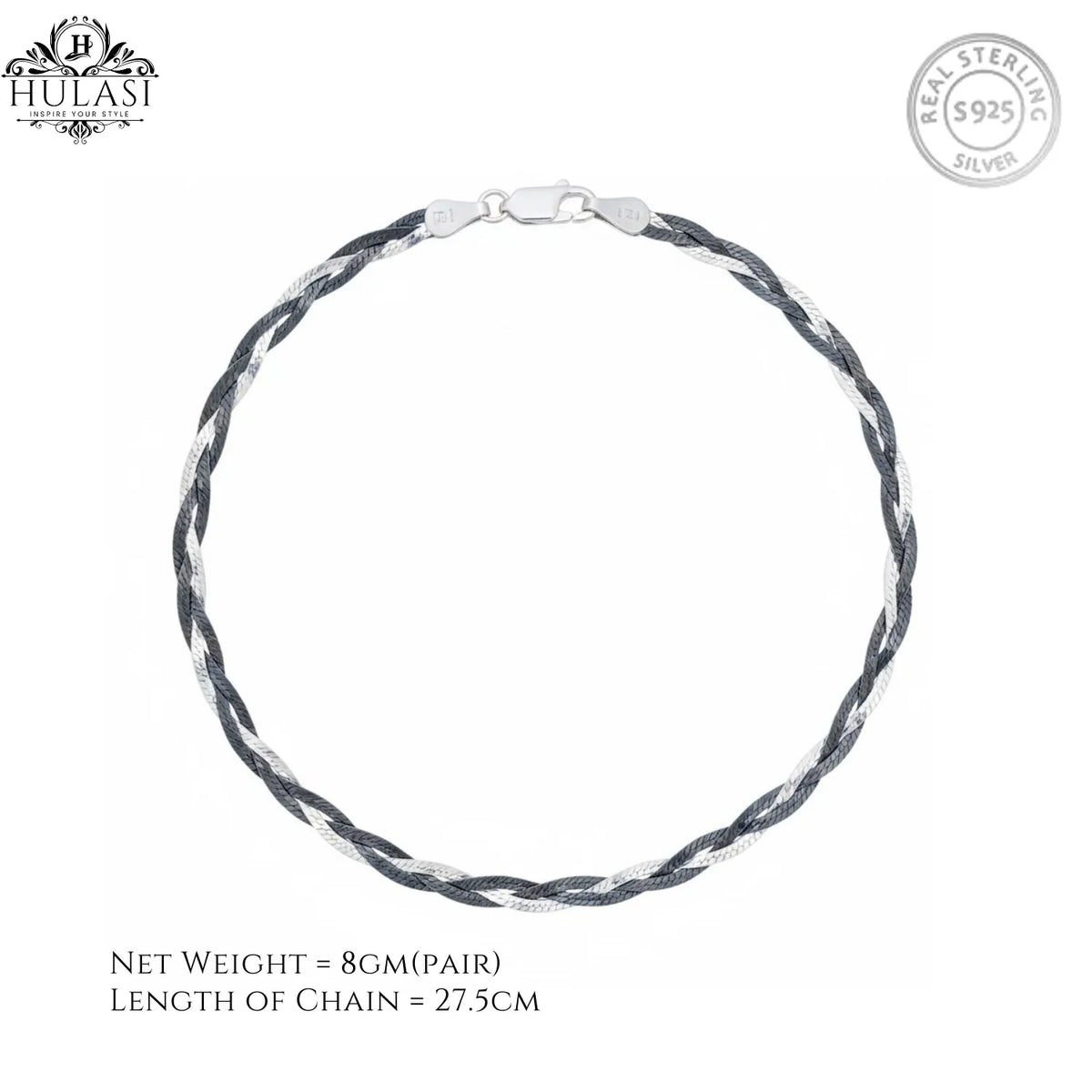 Hulasi Women 925 Sterling Silver Two-Tone Twisted Rope Anklet Pair 27.5cm