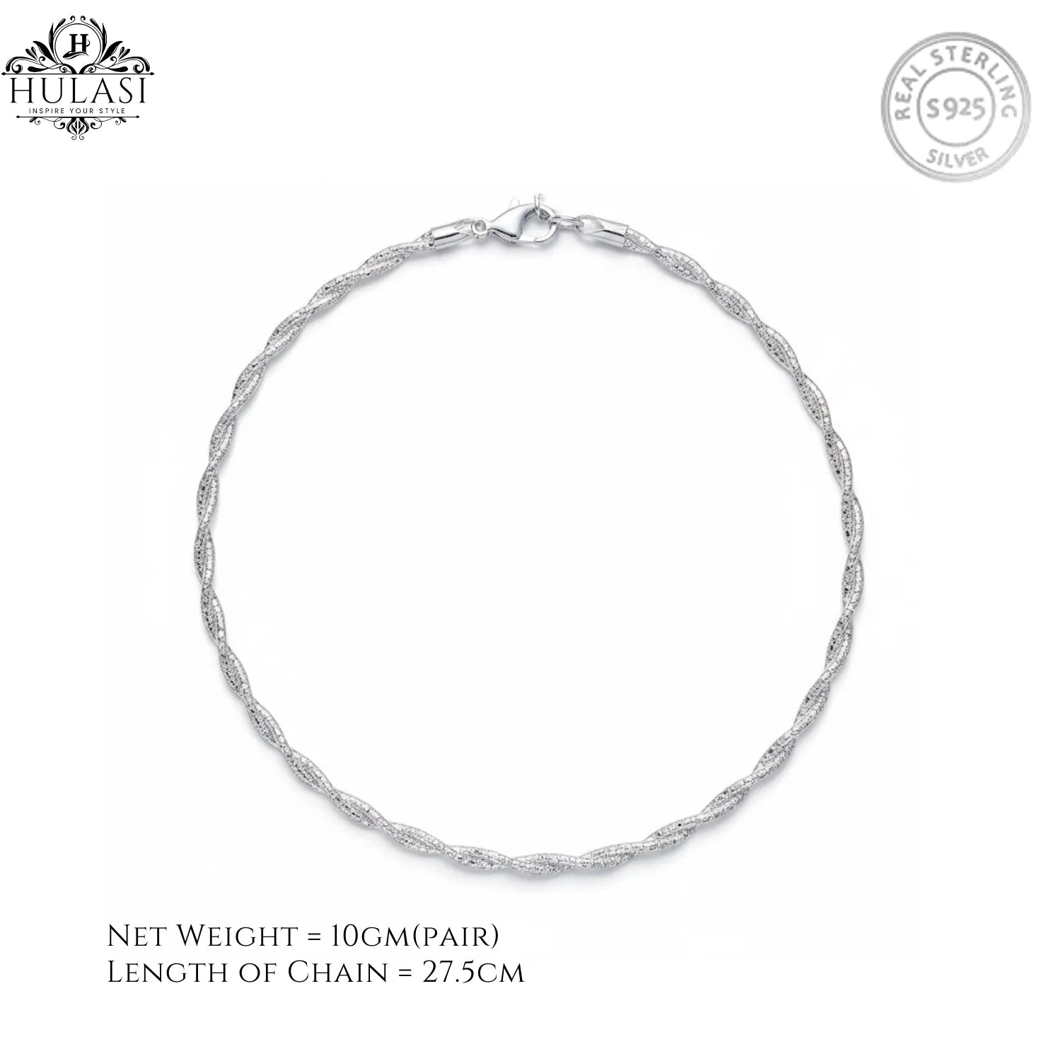 Hulasi Women 925 Sterling Silver Sparkle Twisted Rope Anklet Pair 27.5cm