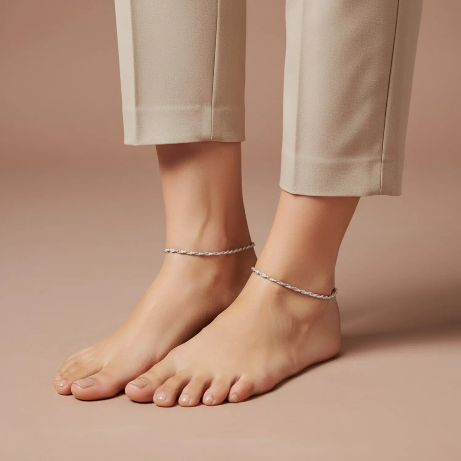 Hulasi Women 925 Sterling Silver Sparkle Twisted Rope Anklet Pair 27.5cm