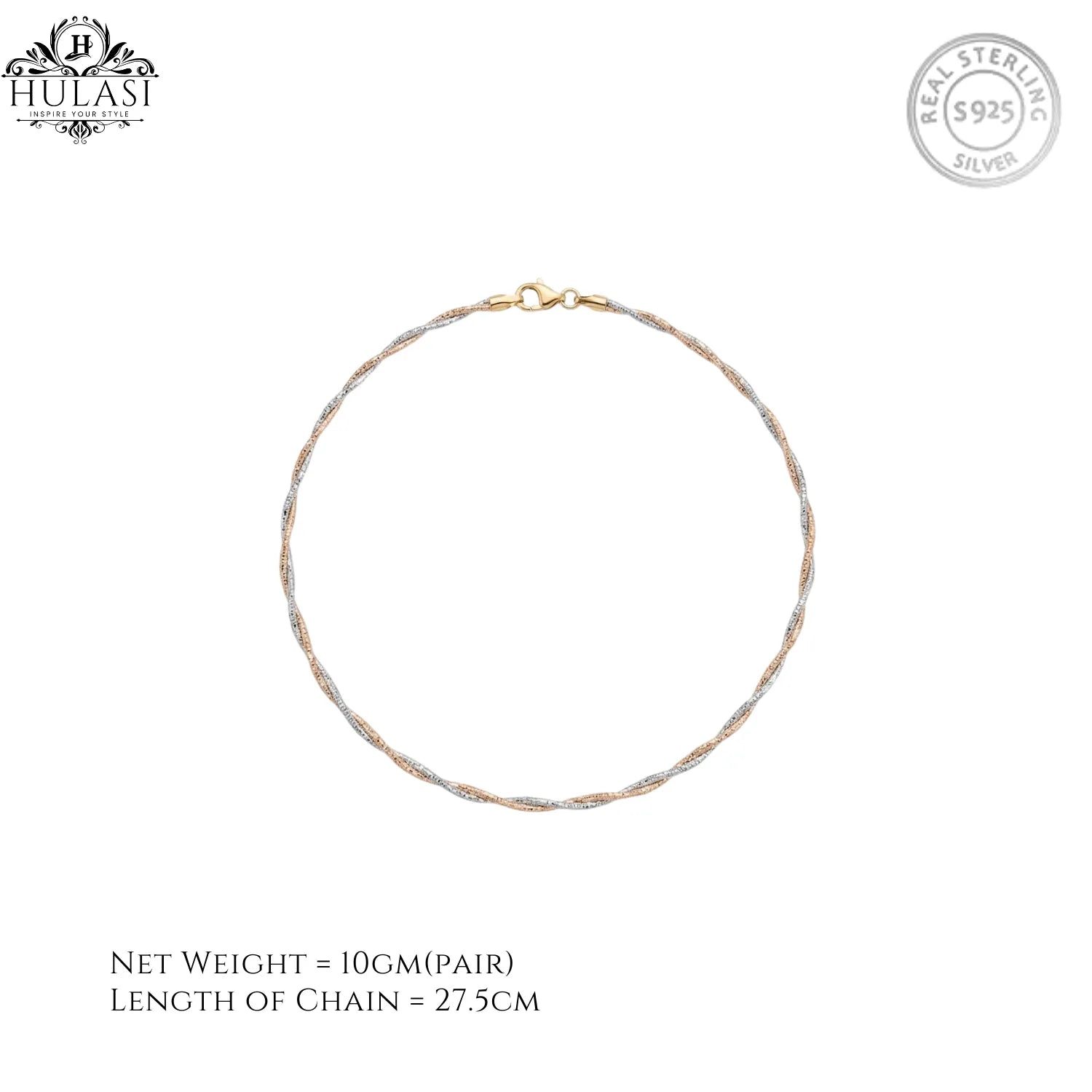 Hulasi Women 925 Sterling Silver Tri-Color Twisted Chain Anklet Pair 27.5cm