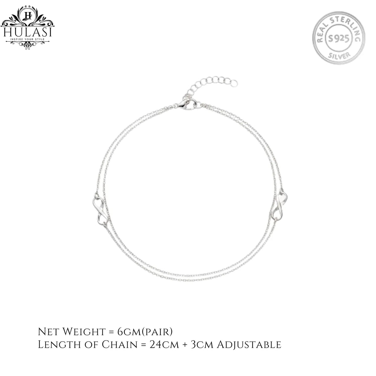 Hulasi Women 925 Sterling Silver Infinity Double Chain Anklet Pair 27cm
