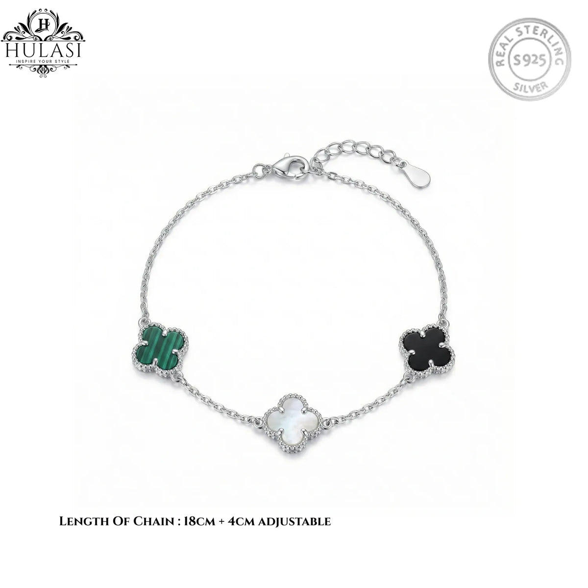 Hulasi 925 Sterling Silver Clover Bracelet With Green Stripe, Black And White Inlay, 18 Cm + 4 Cm Adjustable