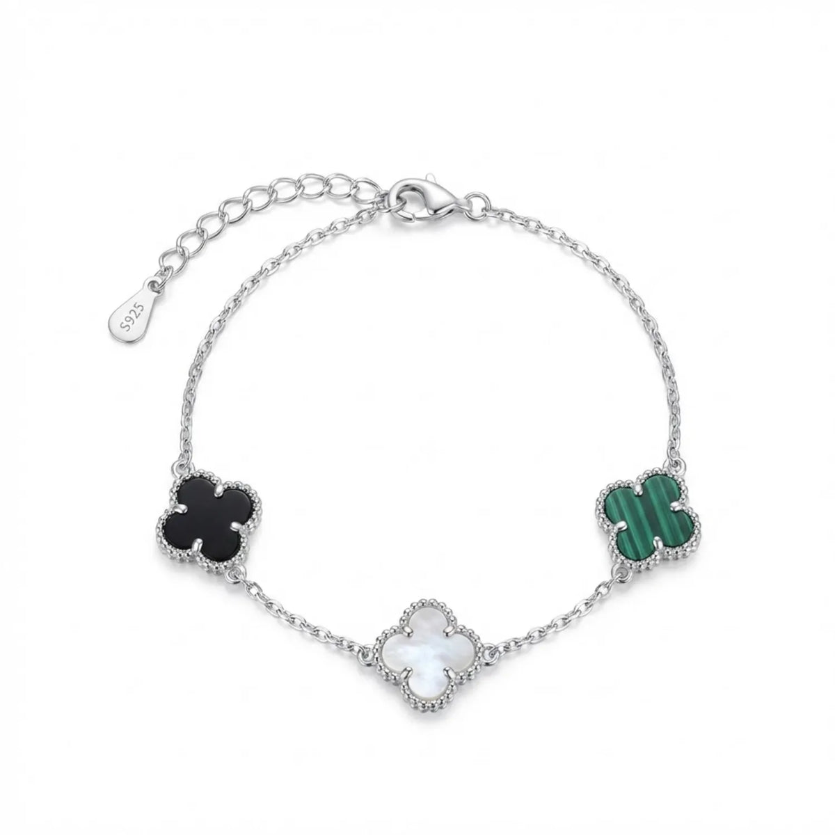 Hulasi 925 Sterling Silver Clover Bracelet With Green Stripe, Black And White Inlay, 18 Cm + 4 Cm Adjustable
