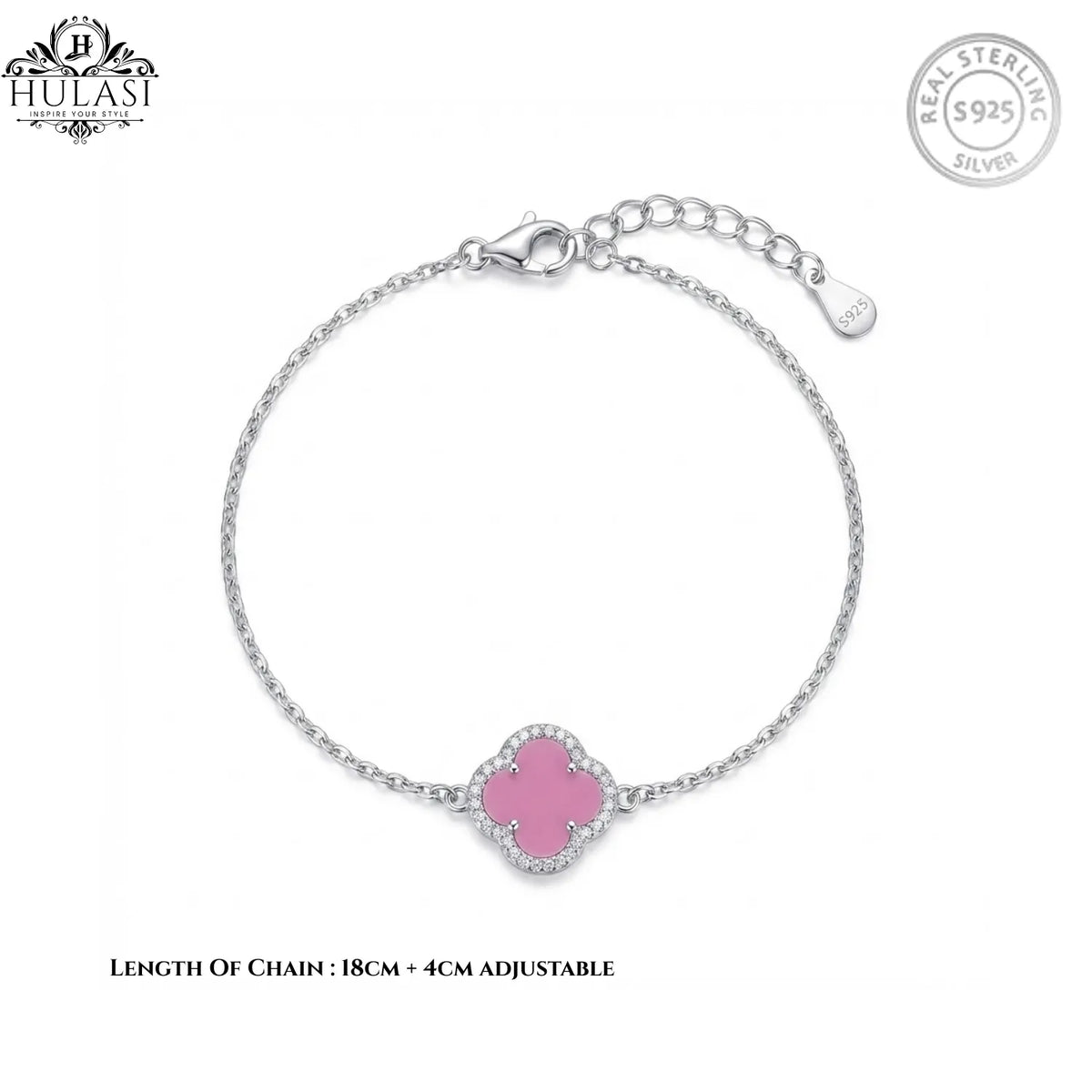 Hulasi 925 Sterling Silver Pink Clover Charm Bracelet With Sparkle Detail Border, 18 Cm + 4 Cm Adjustable Chain