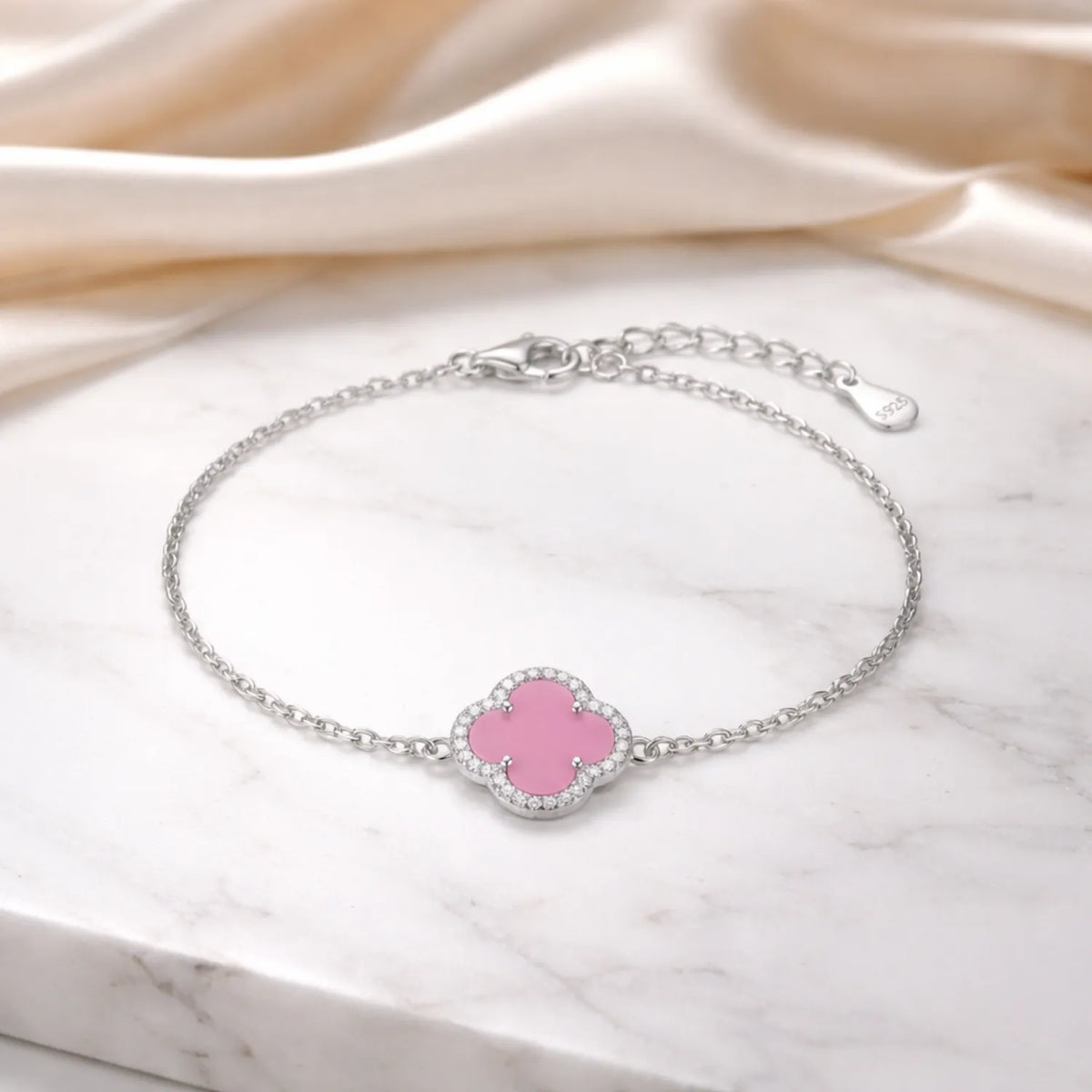 Hulasi 925 Sterling Silver Pink Clover Charm Bracelet With Sparkle Detail Border, 18 Cm + 4 Cm Adjustable Chain