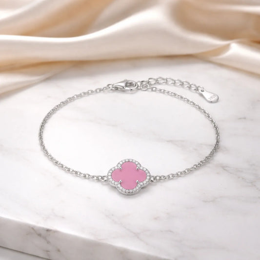 Hulasi 925 Sterling Silver Pink Clover Charm Bracelet With Sparkle Detail Border, 18 Cm + 4 Cm Adjustable Chain