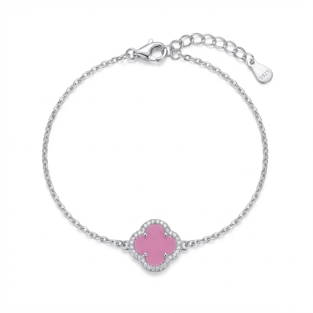 Hulasi 925 Sterling Silver Pink Clover Charm Bracelet With Sparkle Detail Border, 18 Cm + 4 Cm Adjustable Chain
