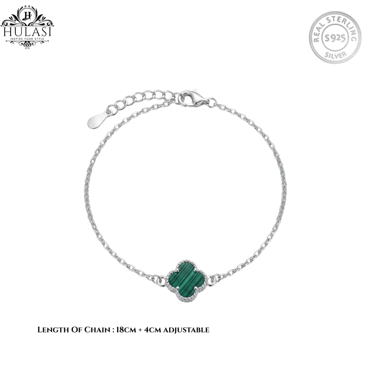 Hulasi 925 Sterling Silver Green Striped Clover Bracelet With Sparkle Detail Border, 18 Cm + 4 Cm Adjustable Chain