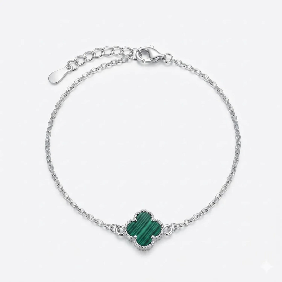 Hulasi 925 Sterling Silver Green Striped Clover Bracelet With Sparkle Detail Border, 18 Cm + 4 Cm Adjustable Chain
