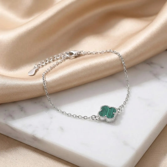 Hulasi 925 Sterling Silver Green Striped Clover Bracelet With Sparkle Detail Border, 18 Cm + 4 Cm Adjustable Chain