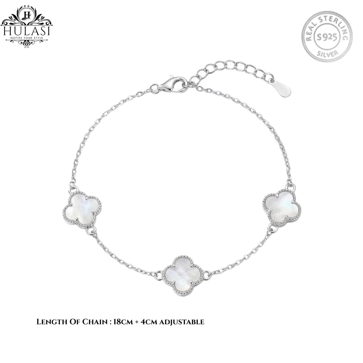 Hulasi 925 Sterling Silver Triple White Clover Bracelet With Sparkle Detail Border, 18 Cm + 4 Cm Adjustable Chain