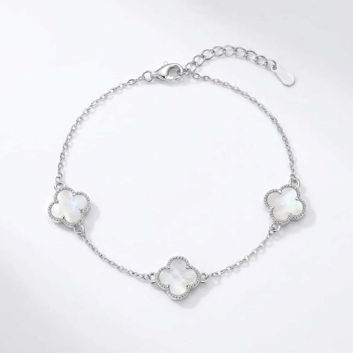 Hulasi 925 Sterling Silver Triple White Clover Bracelet With Sparkle Detail Border, 18 Cm + 4 Cm Adjustable Chain