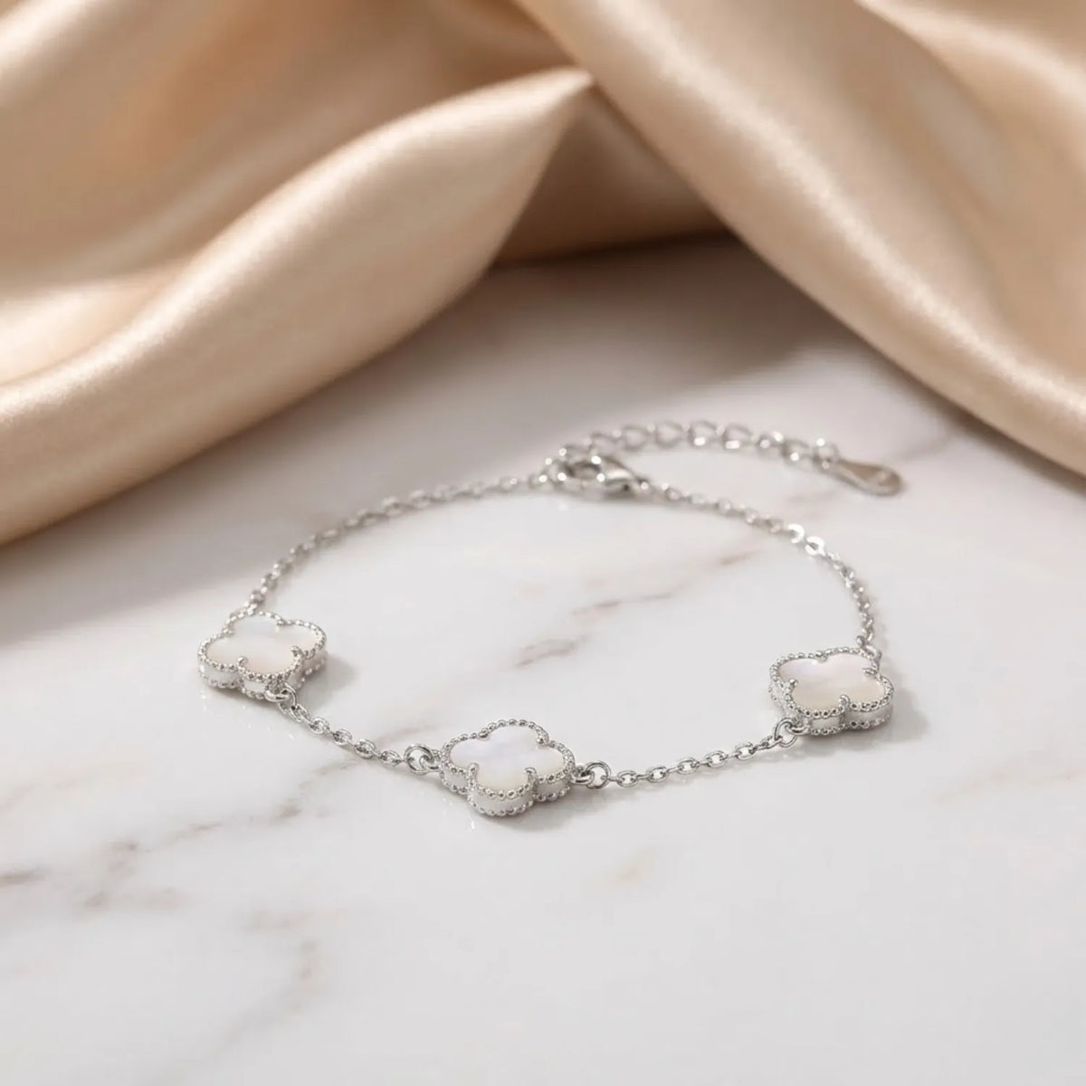 Hulasi 925 Sterling Silver Triple White Clover Bracelet With Sparkle Detail Border, 18 Cm + 4 Cm Adjustable Chain