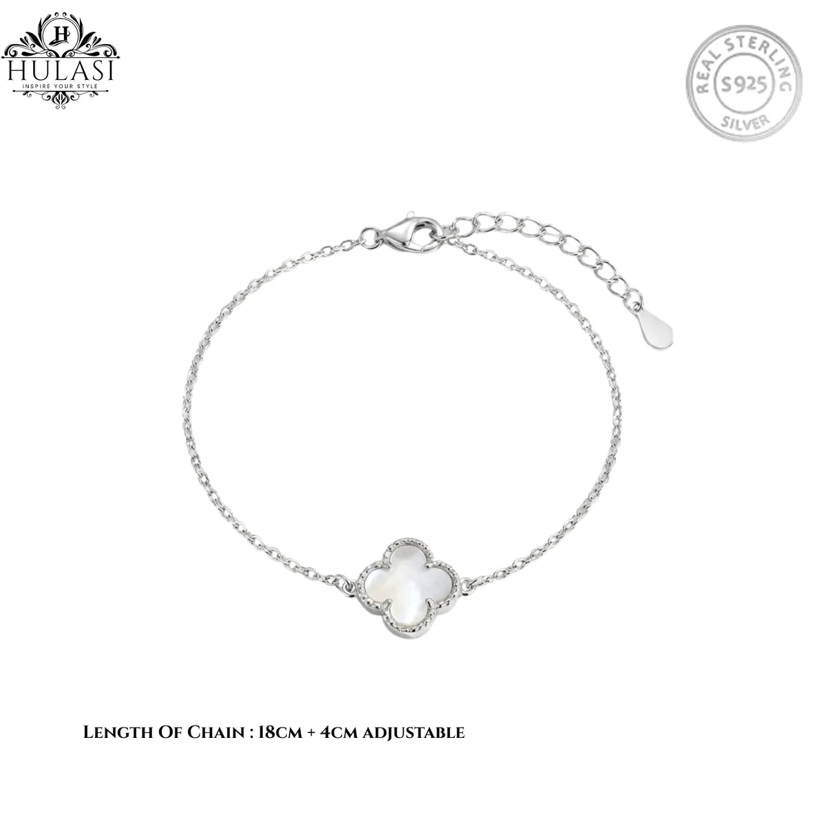 Hulasi 925 Sterling Silver White Clover Bracelet With Sparkle Detail Border, 18 Cm + 4 Cm Adjustable Chain