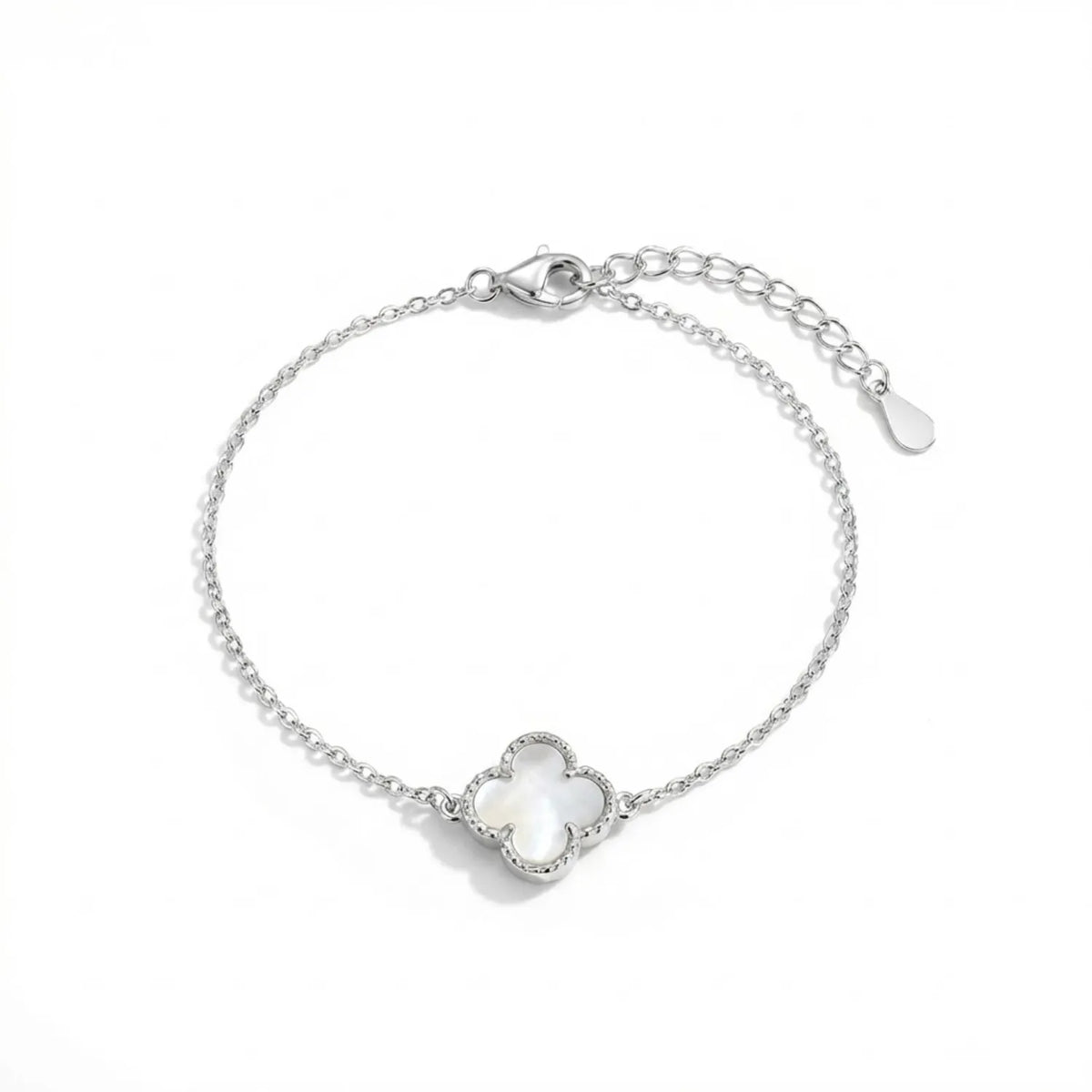 Hulasi 925 Sterling Silver White Clover Bracelet With Sparkle Detail Border, 18 Cm + 4 Cm Adjustable Chain