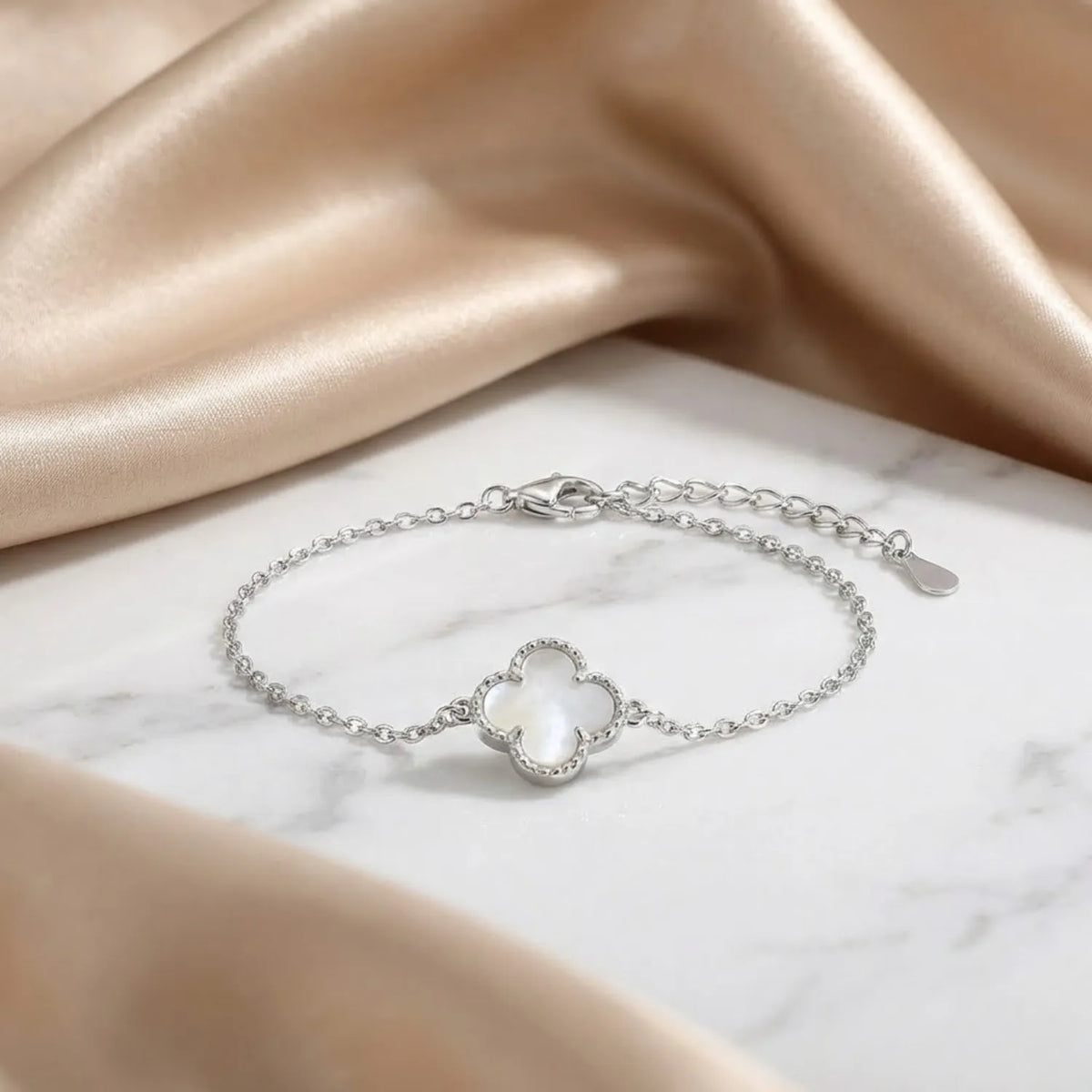 Hulasi 925 Sterling Silver White Clover Bracelet With Sparkle Detail Border, 18 Cm + 4 Cm Adjustable Chain