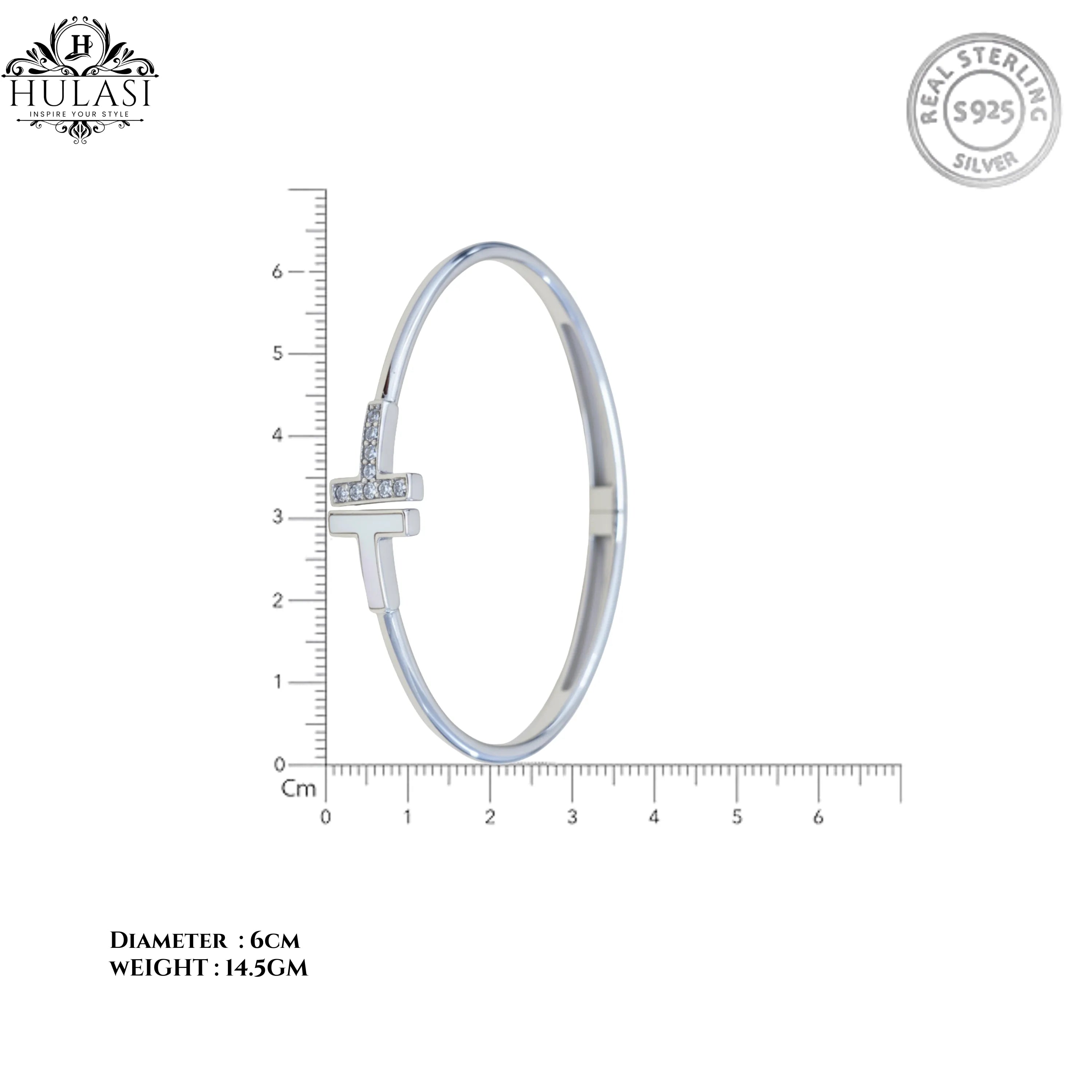 Hulasi Women's 925 Sterling Silver Crystal Studded T-Motif Cuff Bangle Bracelet 6cm