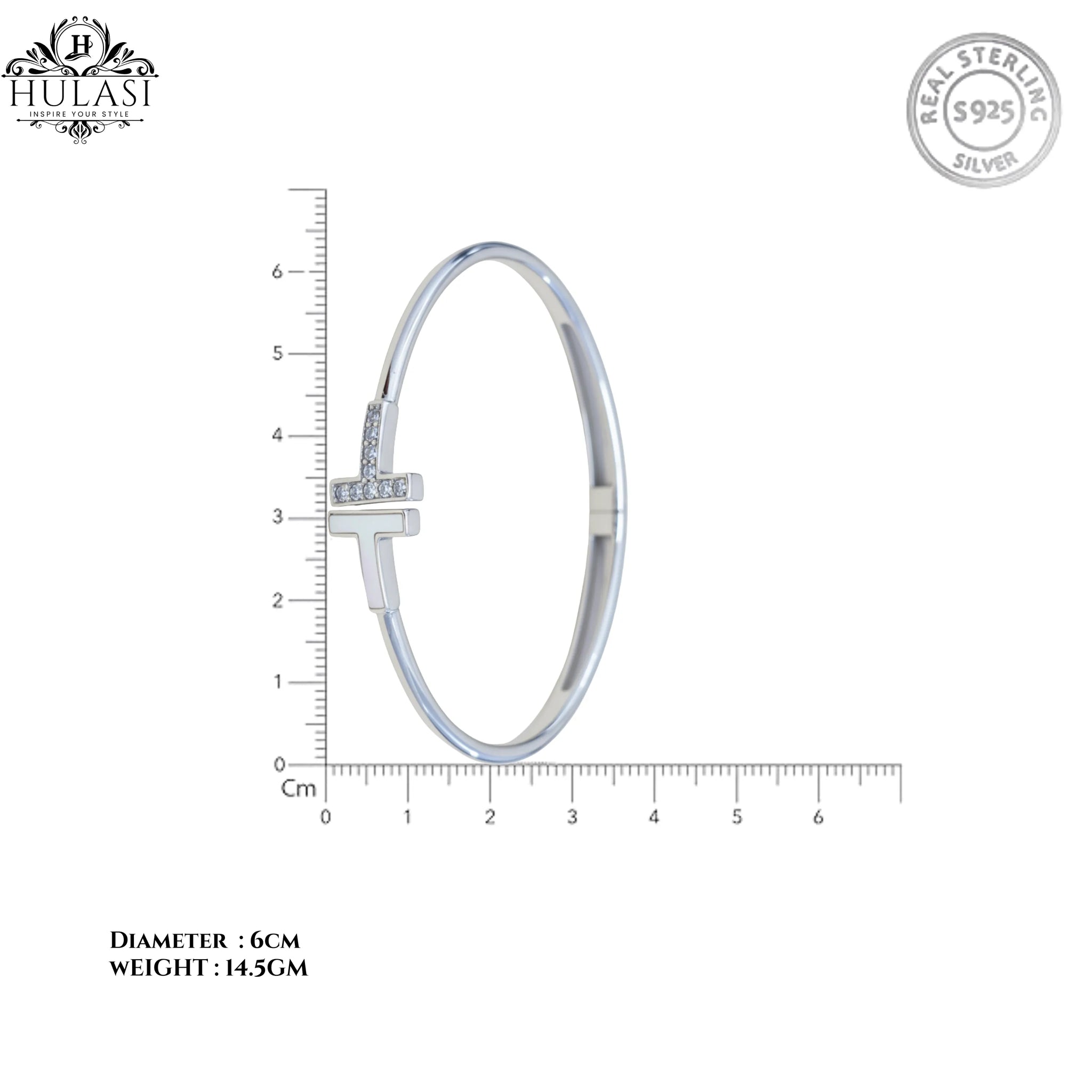 Hulasi Women's 925 Sterling Silver Crystal Studded T-Motif Cuff Bangle Bracelet 6cm