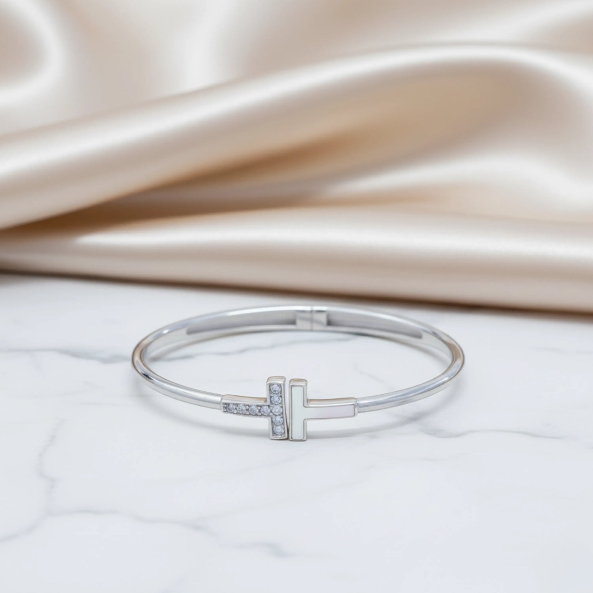 Hulasi Women's 925 Sterling Silver Crystal Studded T-Motif Cuff Bangle Bracelet 6cm