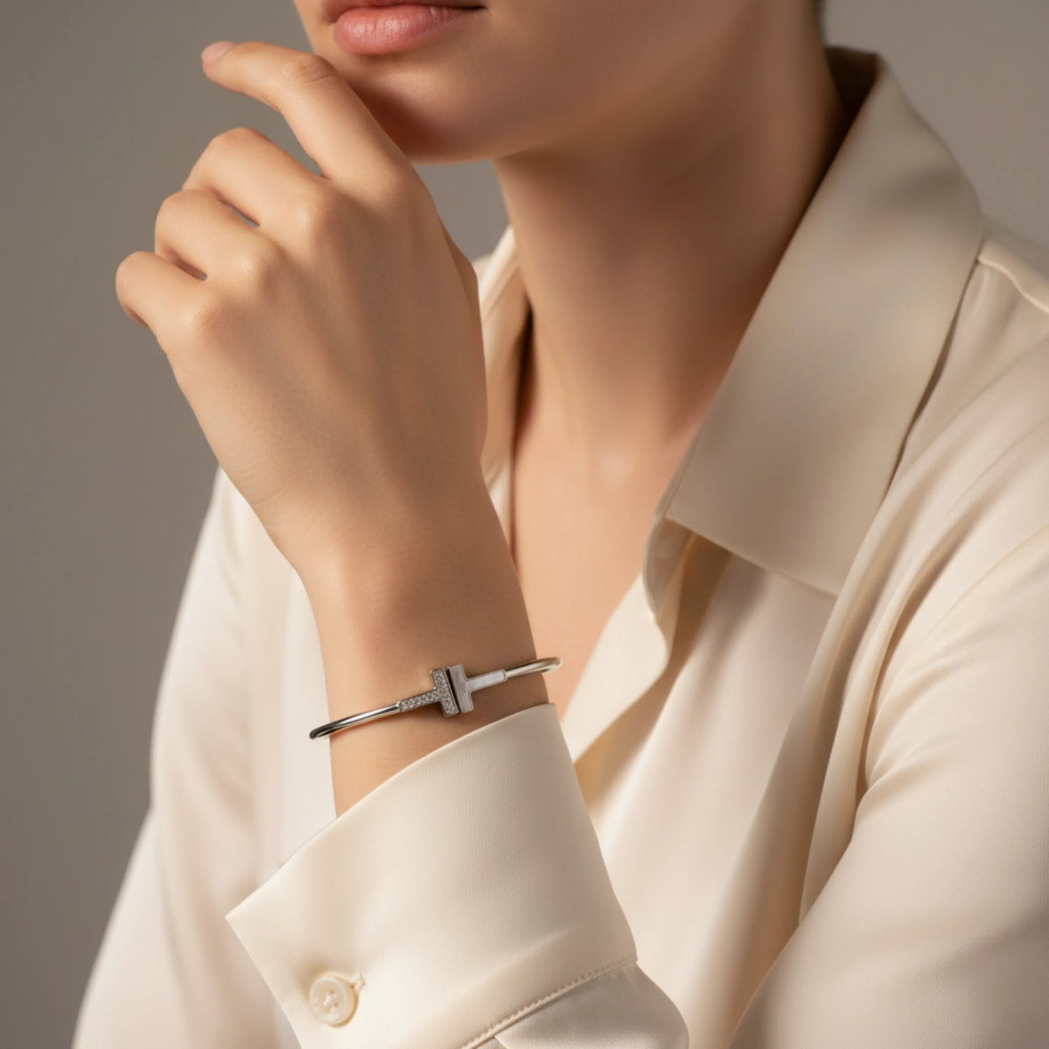 Hulasi Women's 925 Sterling Silver Crystal Studded T-Motif Cuff Bangle Bracelet 6cm