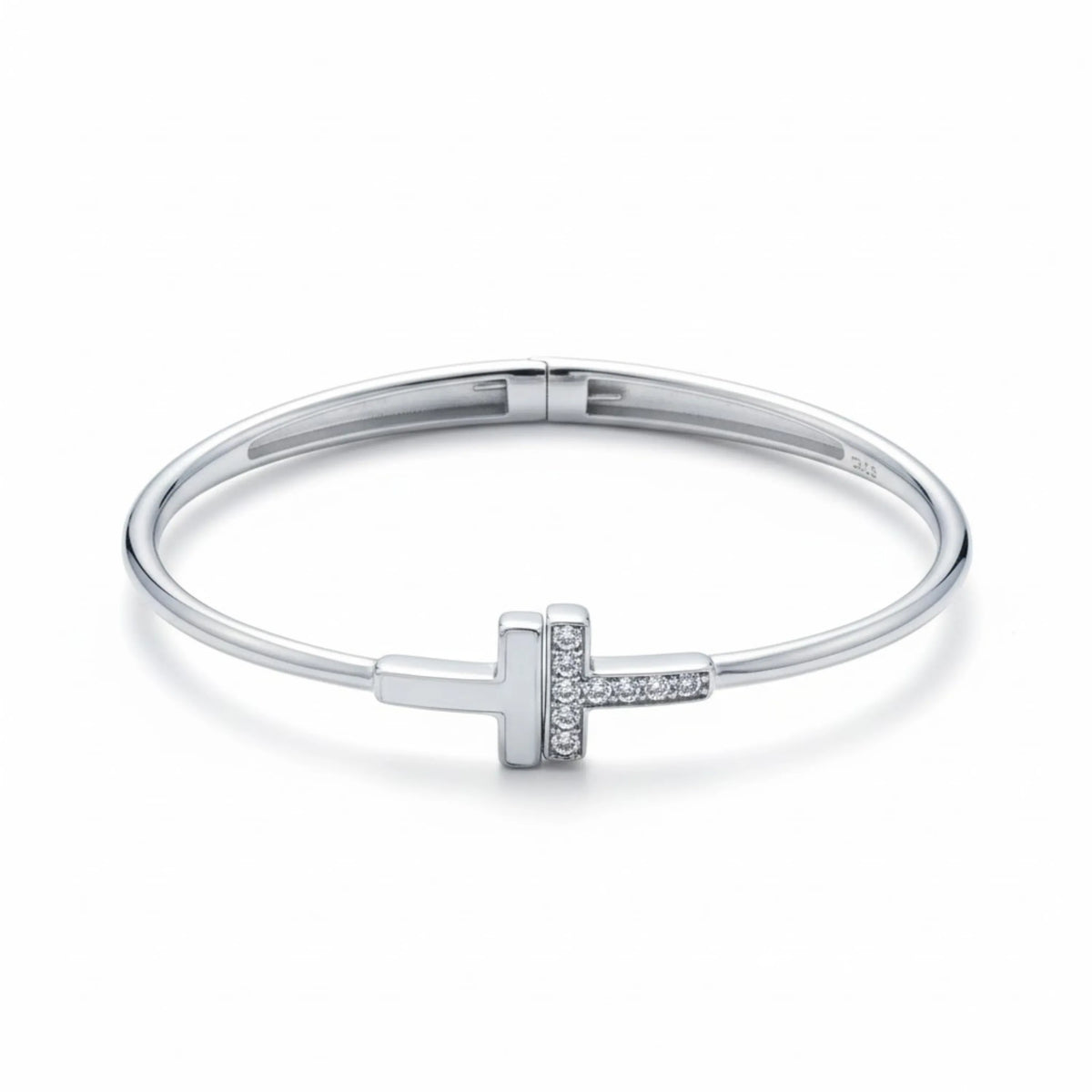 Hulasi Women's 925 Sterling Silver Crystal Studded T-Motif Cuff Bangle Bracelet 6cm
