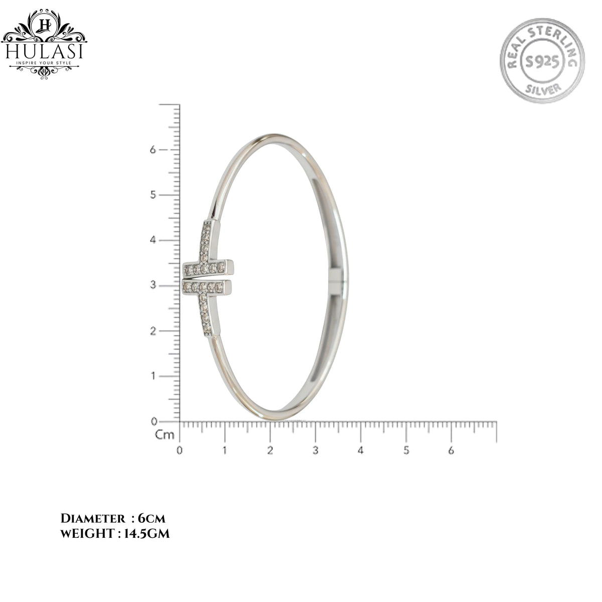 Hulasi Women's 925 Sterling Silver Pave Cubic Zirconia T-Bar Hinged Bangle Bracelet 6cm