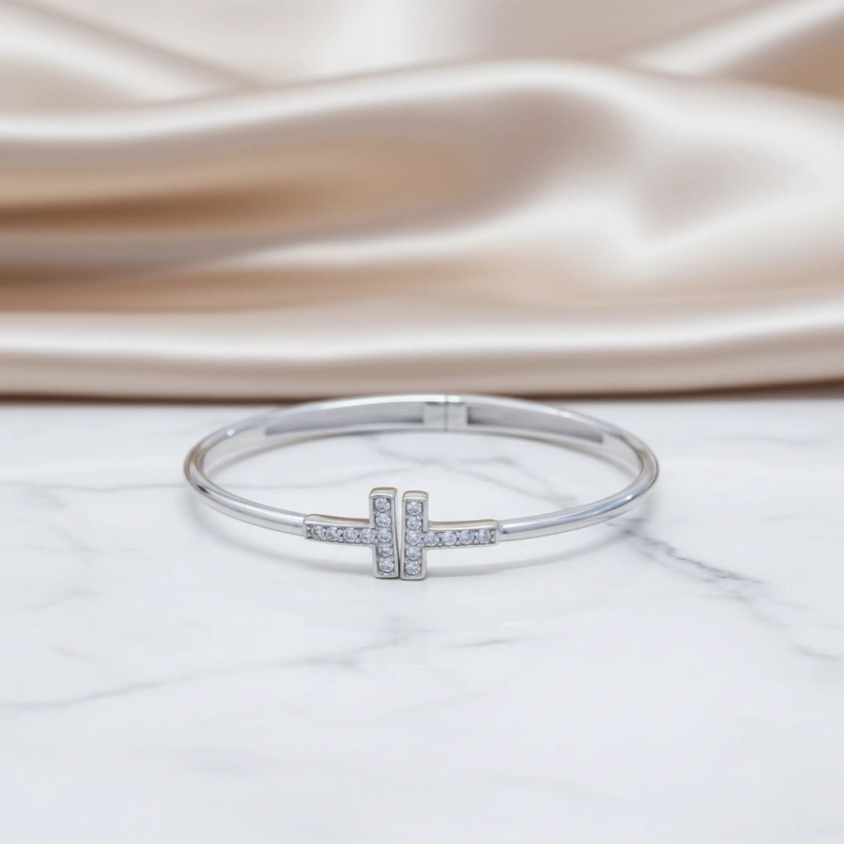 Hulasi Women's 925 Sterling Silver Pave Cubic Zirconia T-Bar Hinged Bangle Bracelet 6cm