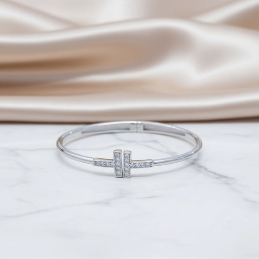 Hulasi Women's 925 Sterling Silver Pave Cubic Zirconia T-Bar Hinged Bangle Bracelet 6cm