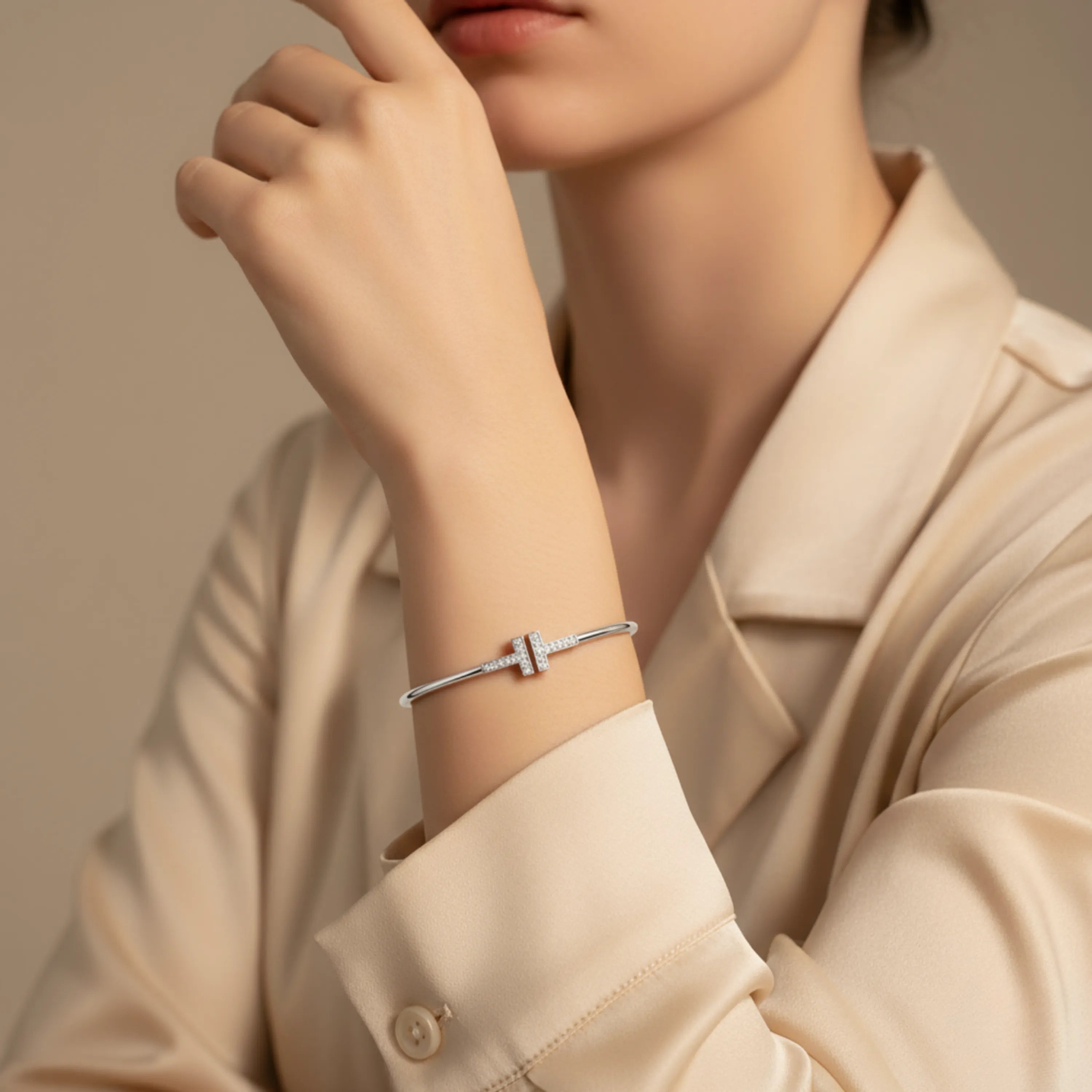 Hulasi Women's 925 Sterling Silver Pave Cubic Zirconia T-Bar Hinged Bangle Bracelet 6cm