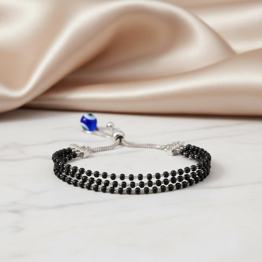 Hulasi Women's 925 Sterling Silver Black Bead Mangalsutra Evil Eye Protection Adjustable Bracelet