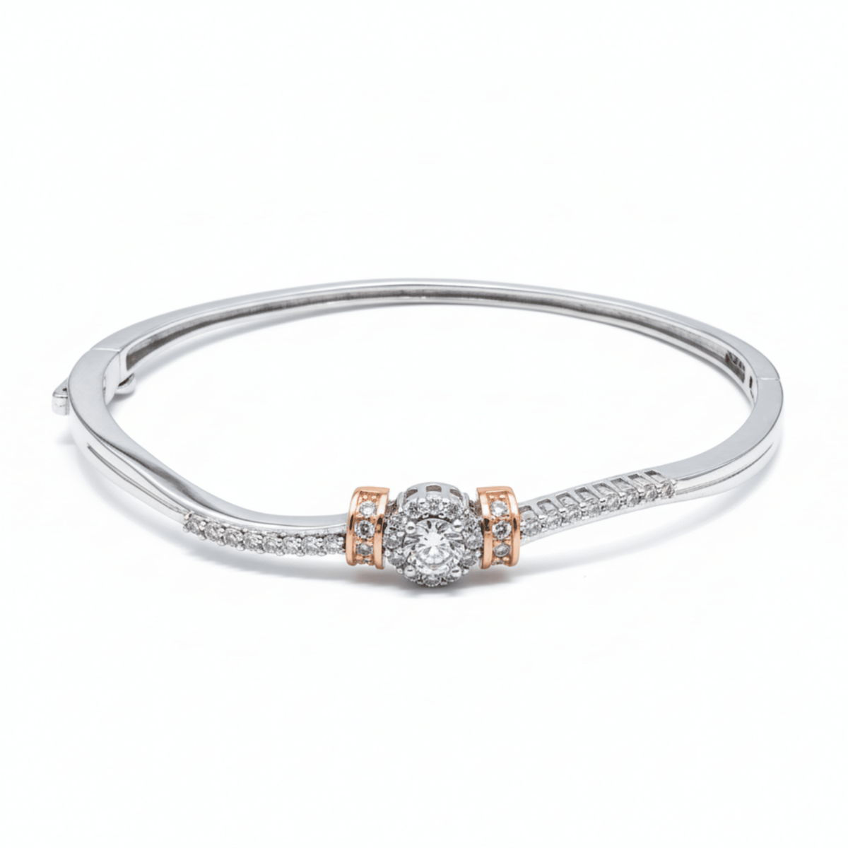 Hulasi S925 Sterling Silver Women Bracelet Bangle 6.4 Cm With Cubic Zirconia Rose Gold Accent 9.4 Gm