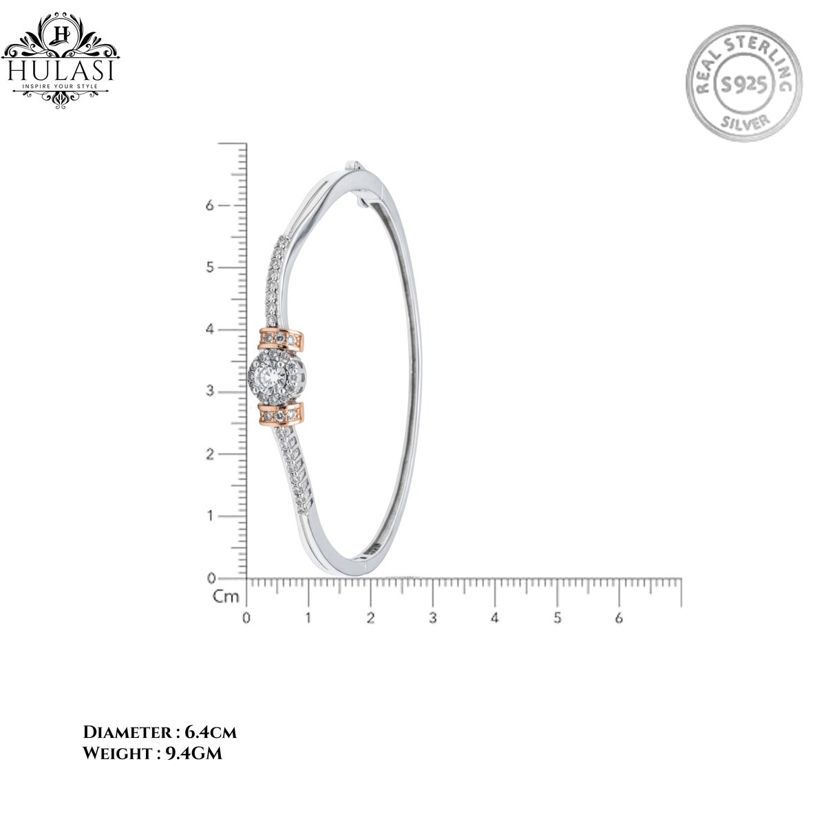 Hulasi S925 Sterling Silver Women Bracelet Bangle 6.4 Cm With Cubic Zirconia Rose Gold Accent 9.4 Gm