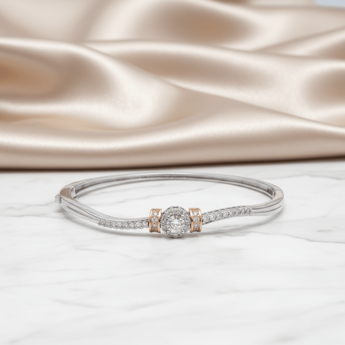 Hulasi S925 Sterling Silver Women Bracelet Bangle 6.4 Cm With Cubic Zirconia Rose Gold Accent 9.4 Gm