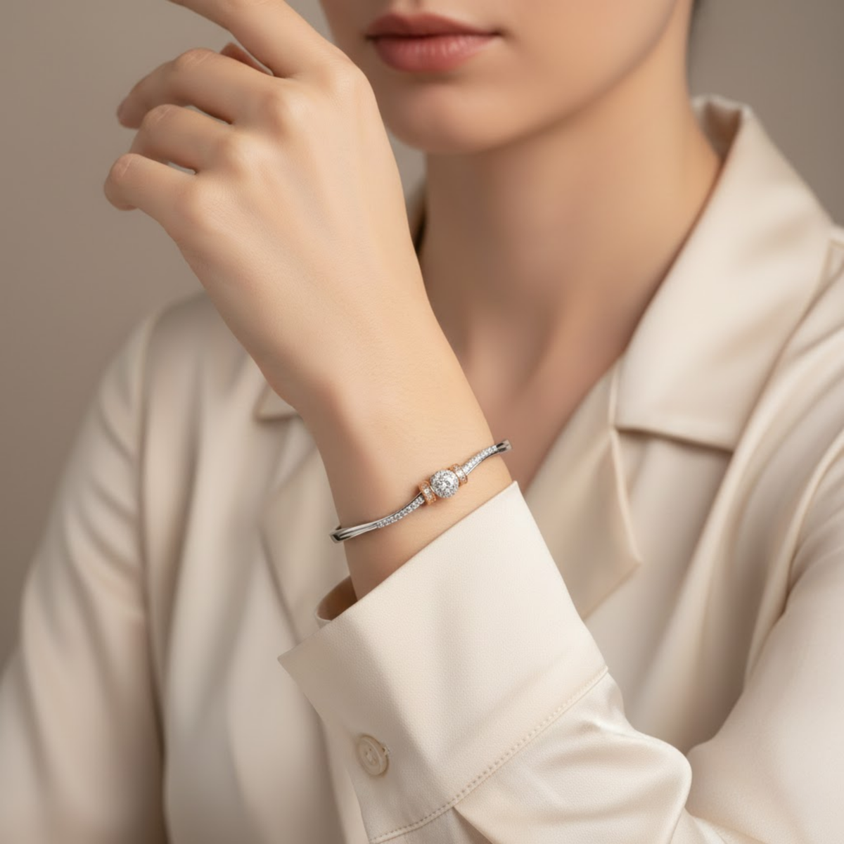 Hulasi S925 Sterling Silver Women Bracelet Bangle 6.4 Cm With Cubic Zirconia Rose Gold Accent 9.4 Gm