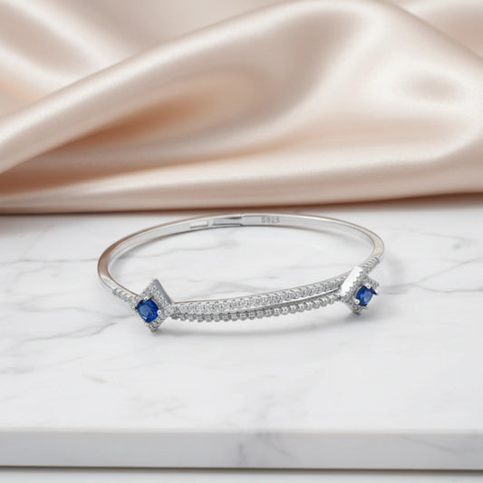 Hulasi Women 925 Sterling Silver Blue Sapphire Color Stone Cubic Zirconia Bangle 6cm