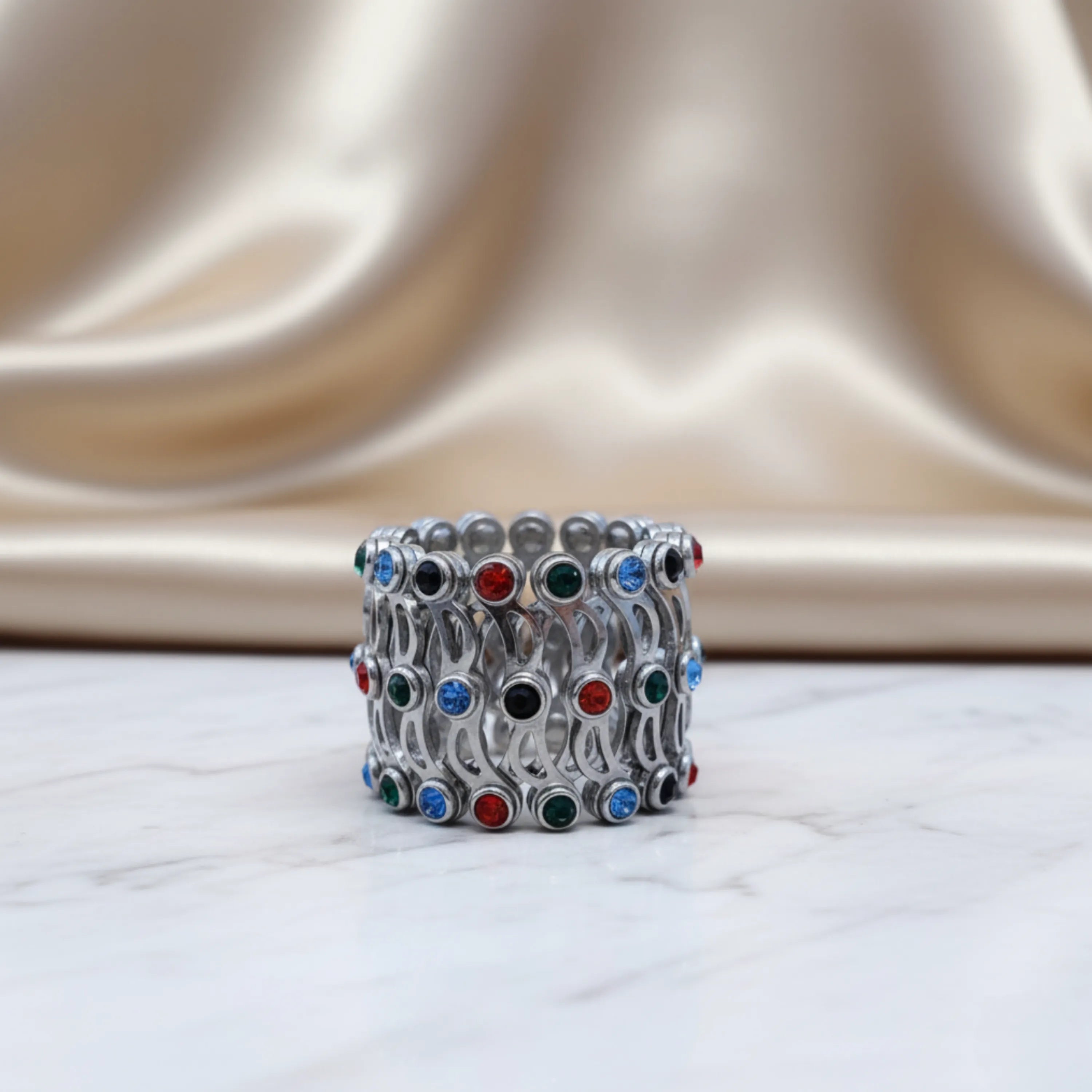 Hulasi Women 925 Sterling Silver Multi Color Stone Geometric Adjustable Bangle Bracelet