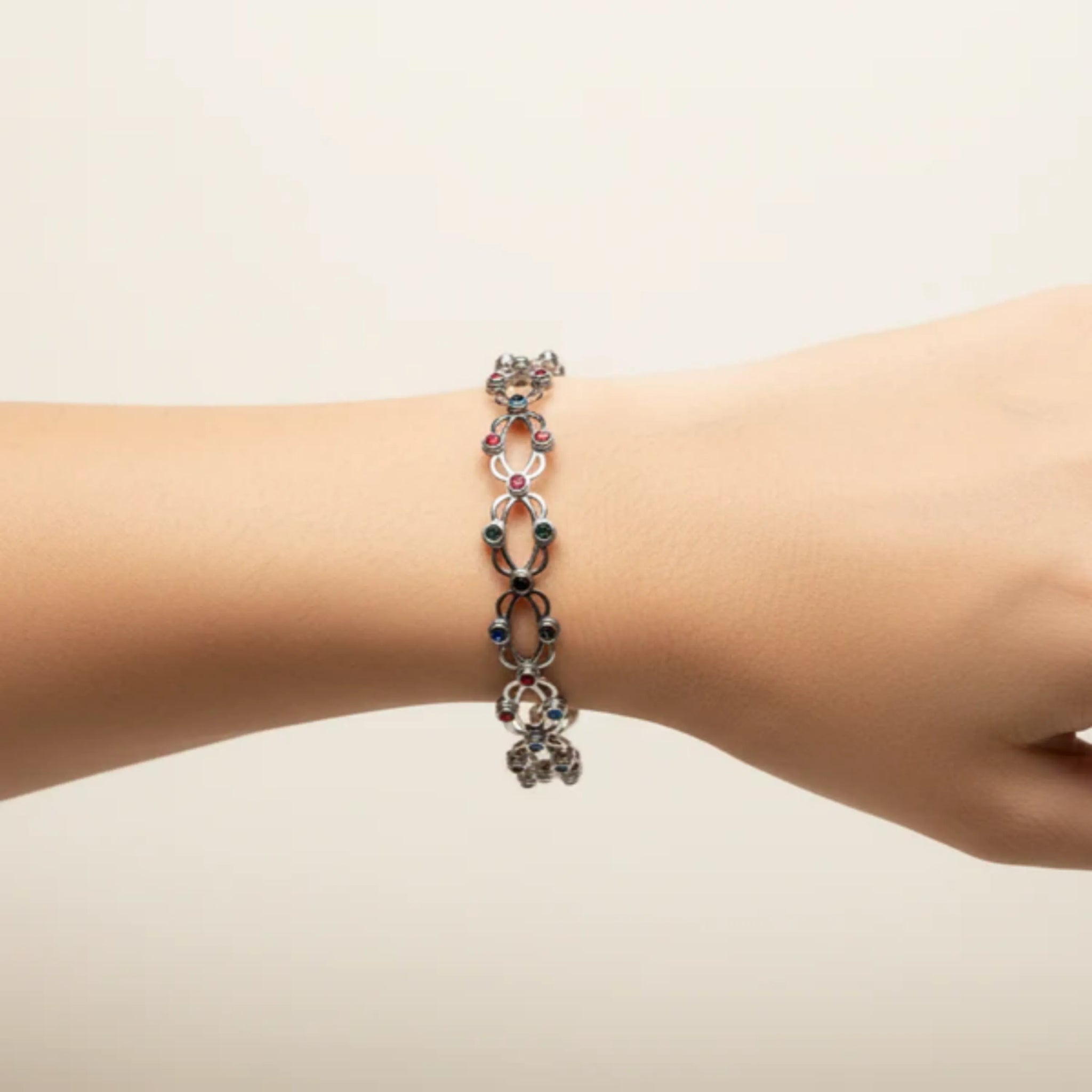 Hulasi Women 925 Sterling Silver Multi Color Stone Geometric Adjustable Bangle Bracelet