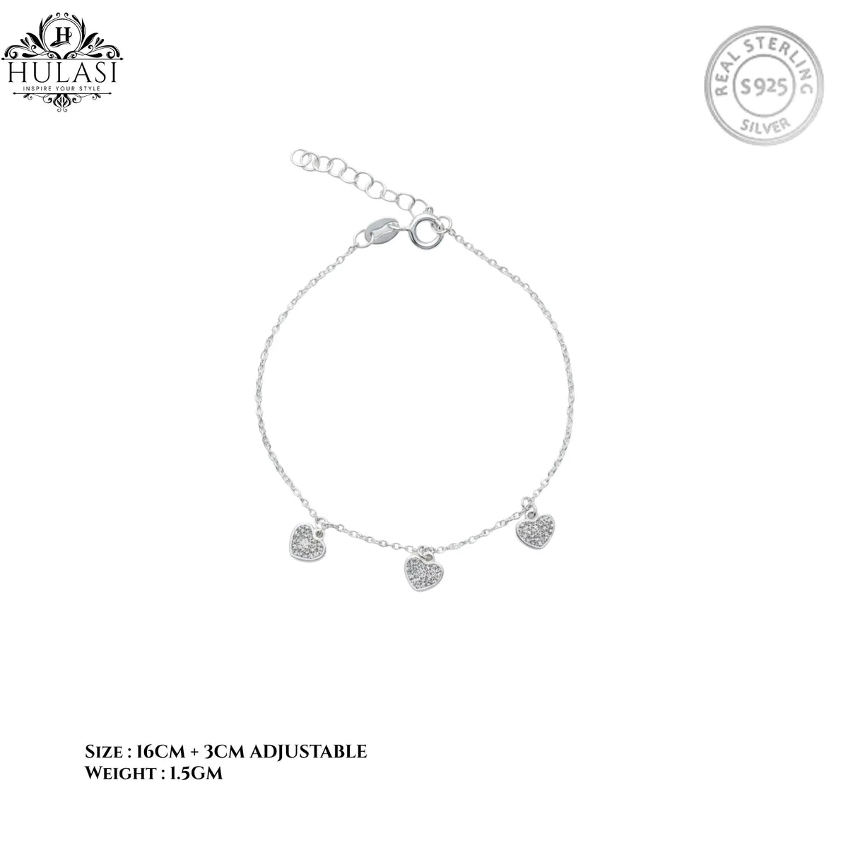 Hulasi S925 Sterling Silver Triple Heart Charm Bracelet Zircon Studded Adjustable 16cm + 3cm