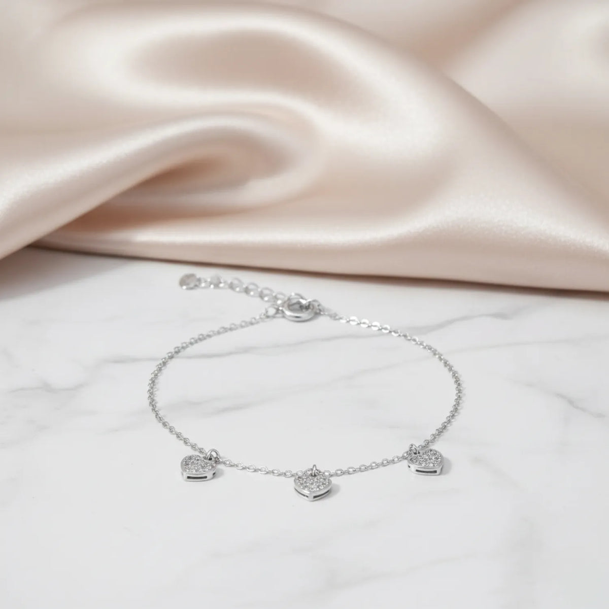 Hulasi S925 Sterling Silver Triple Heart Charm Bracelet Zircon Studded Adjustable 16cm + 3cm