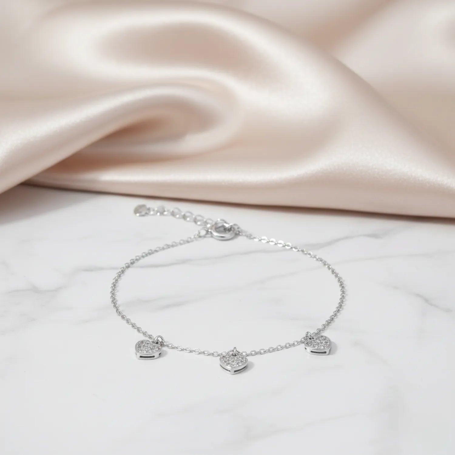 Hulasi Women 925 Sterling Silver Triple Heart Charm Cubic Zirconia Bracelet Adjustable 16cm